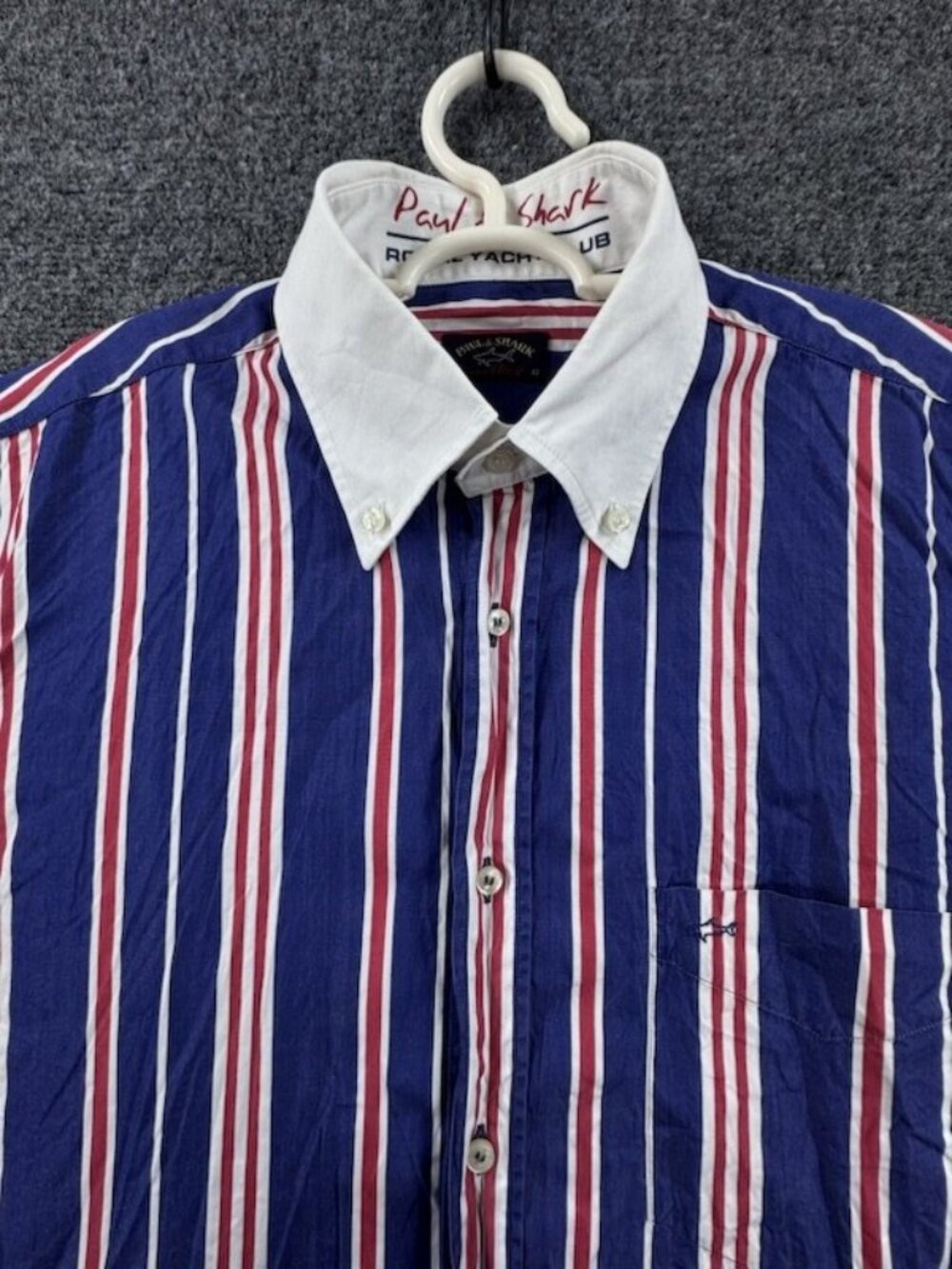 Paul & Shark Blue White Button-Down 42 Striped Cotton Short Sleeve Mens Casual
